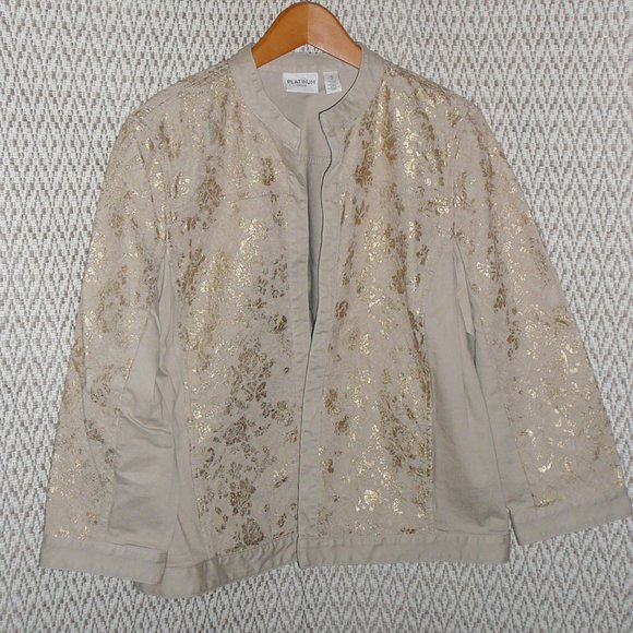 Chico's size 3 Fancy Jacket Khaki Beige with Gold Lace Sparkle XL, 14 - Picture 8 of 9